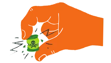Illustration: Eine übergroße Hand, die ein Pestizid-Fass zwischen Daumen und Zeigefinger in einen Zangengriff nimmt.