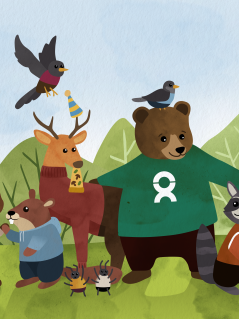 Die Tiere aus dem Kinderbuch "Die Welt ist manchmal ungerecht" Die Tiere aus dem Hinderbuch stehen gemeinsam vor ihrem Wald