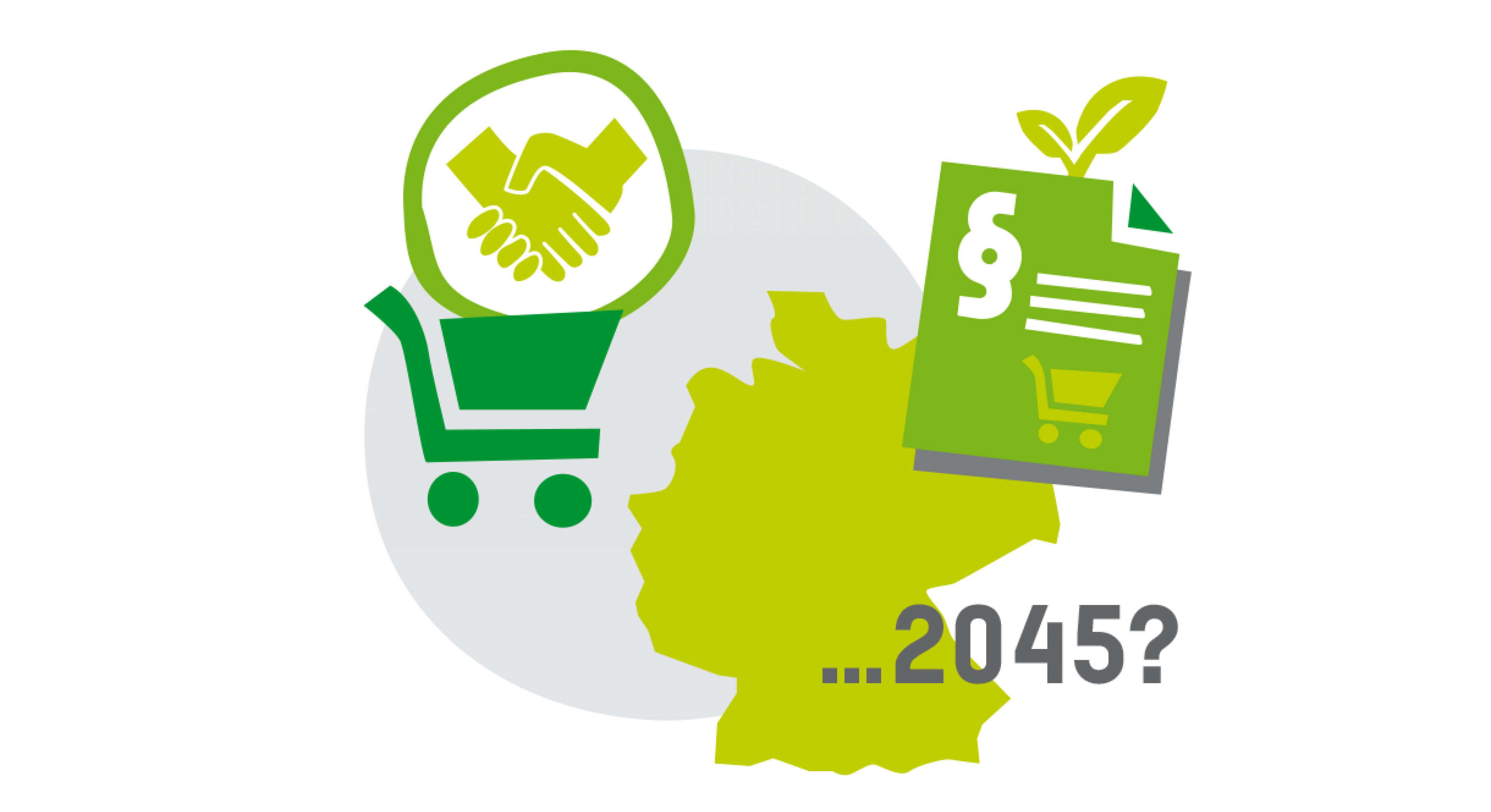 Grafik mit grünen Icons (Einkaufswagen, Vertrag, Umriss von Deutschland) und dem Datum 2045.