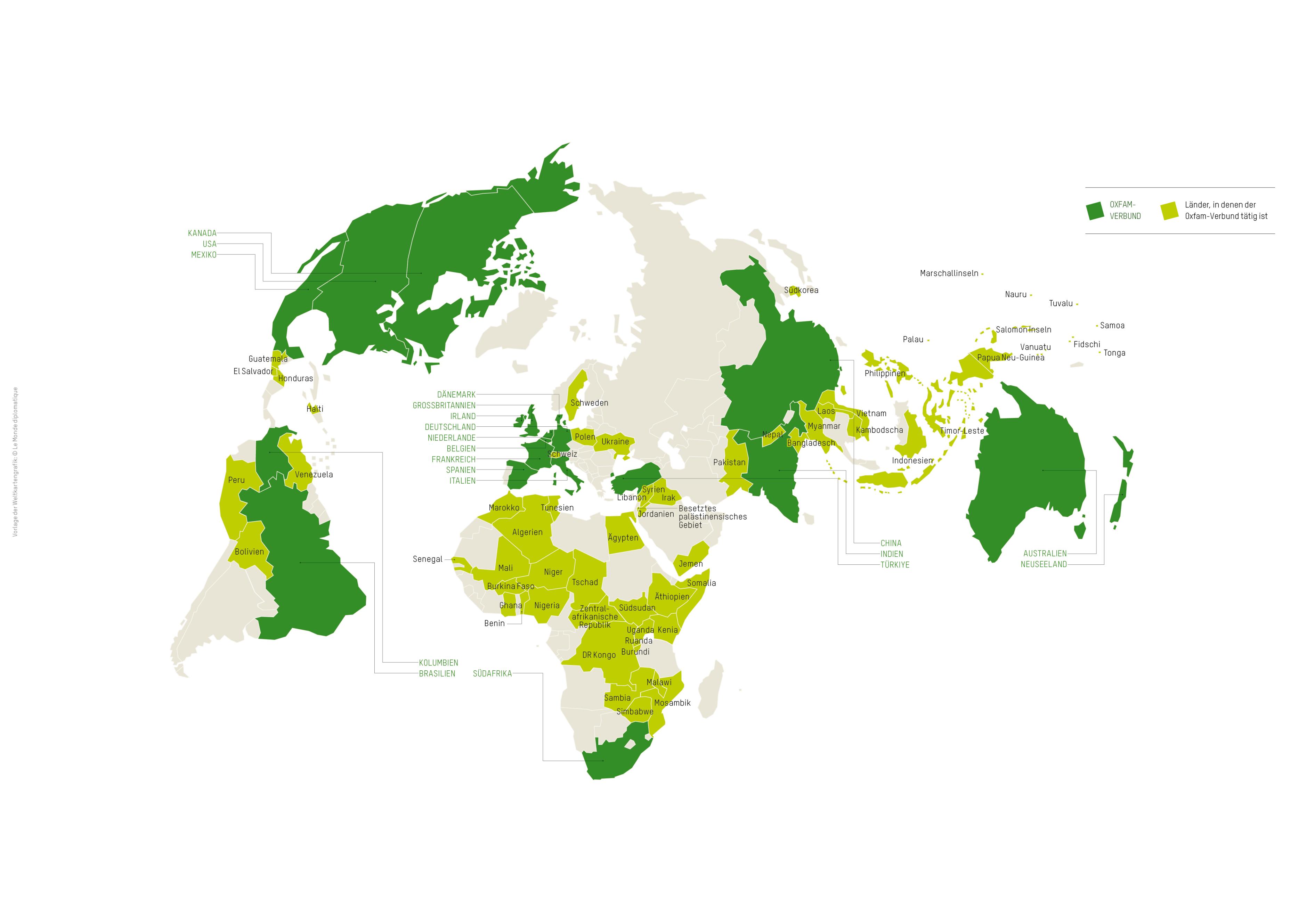 Eine Karte aller Länder dieser Welt. Farbliche Markierungen zeigen, wo Oxfam auf der Welt tätig ist.