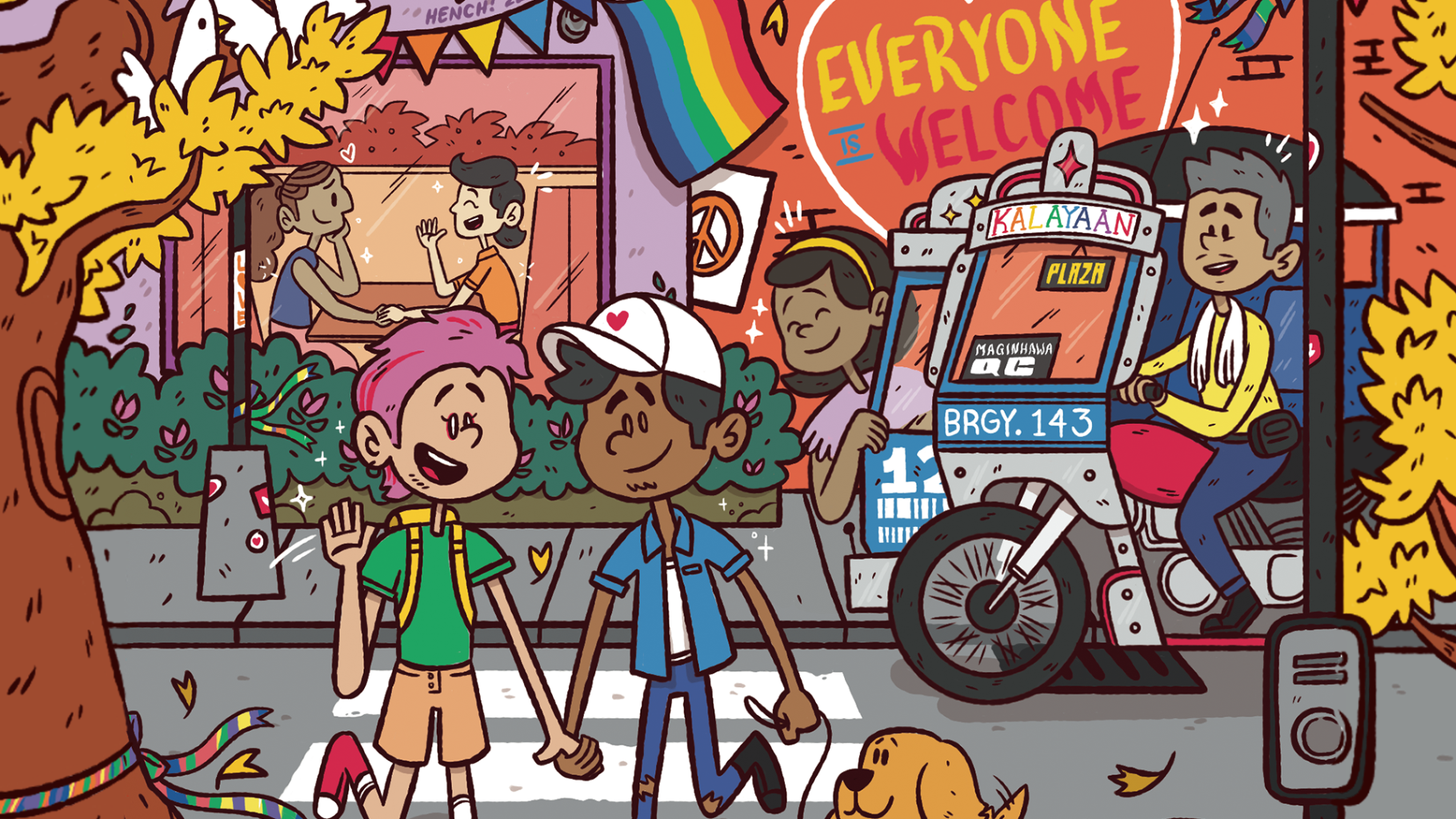 Bunte Grafik: Ein Paar geht über einen Zebrastreifen, im Hintergrund sitzen zwei Personen in einem Cafe und halten sich bei den Händen, zwei weitere schauen lächelnd aus einem vorbeifahrenden Tuktuk. Es ist eine Regenbogenfahne zu sehen, ein Peace-Zeichen und ein Plakat mit der Aufschrift "Everyone is welcome".