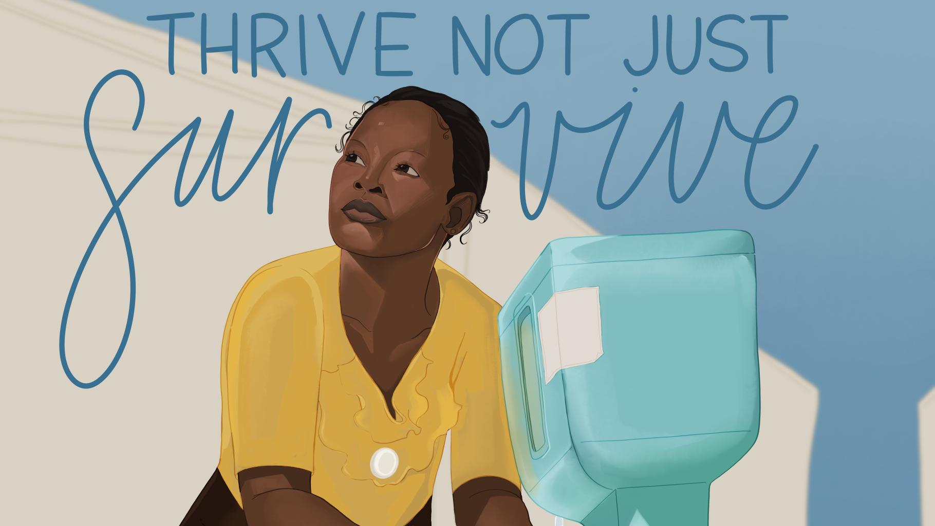 Realistisch gezeichnete Grafik, die eine Person of Color an einer Handwaschstation zeigt. Sie schaut entschlossen. Oberhalb der Person steht in blauer Schrift: "Thrive not just survive"