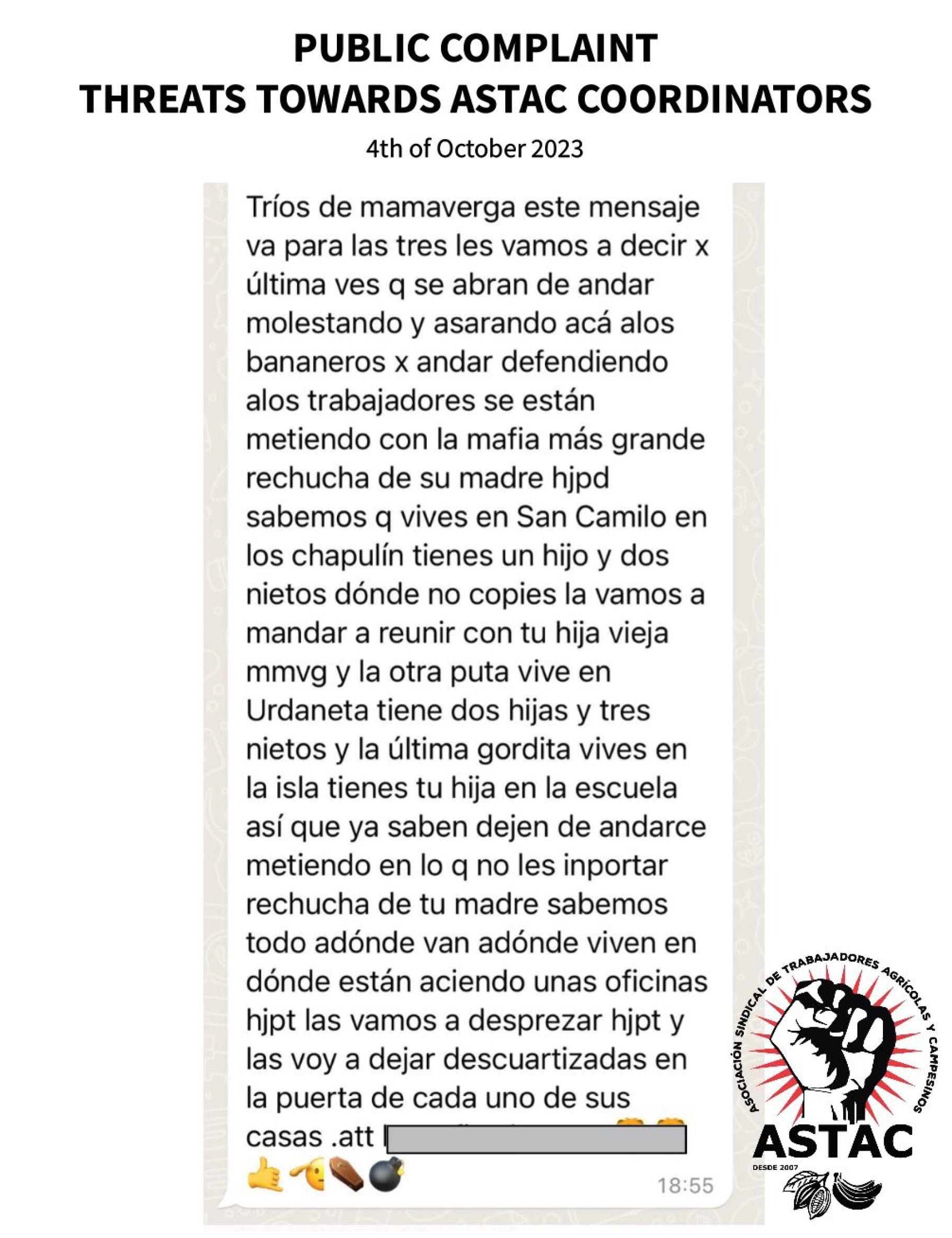 Screenshot der spanischen Whatsapp-Nachricht mit Morddrohungen