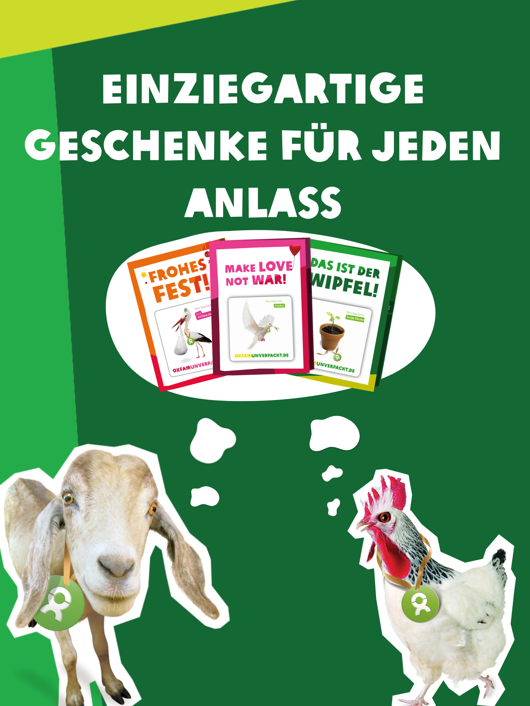 Eine Abbildung von einer Ziege und einem Huhn, die für OxfamUnverpackt Geschenke werben.