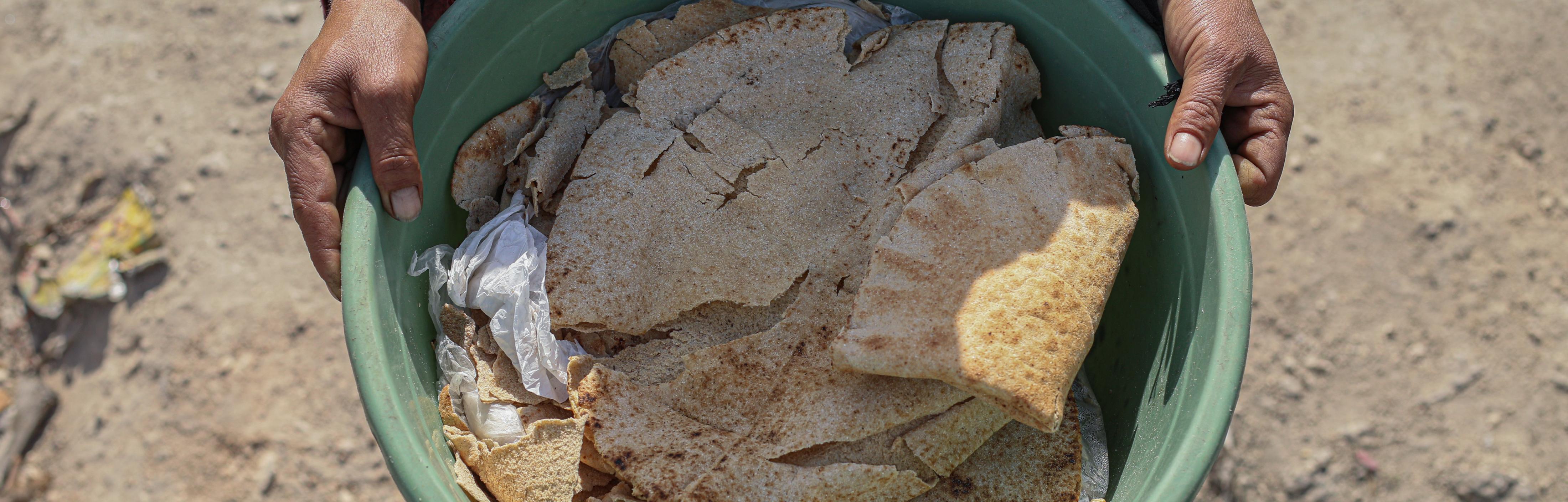 Eine Person hält eine grüne Schale mit trockenem Brot in die Kamera.