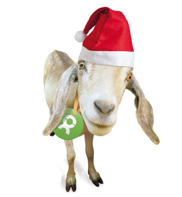 Grafische Darstellung einer Ziege mit roter Mütze.