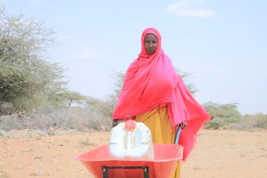 Anisa Jama Hassan transportiert das Wasser für ihre Familie mit einer großen Schubkarre. Anisa Jama Hassan hält eine große rote Schubkarre in den Händen, die mit einem Wasserkanister beladen ist. Sie trägt ein pinkes Obergewand und ein gelbes Untergewand. Im Hintergrund ist eine wüstenähnliche Landschaft zu sehen.