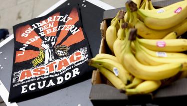 Beim Bananenkauf gilt: Besonders auf Bio- und Fair-Trade-Siegel achten. Auf einem Tisch liegen im Vordergrund Bananen und im Hintergrund ein Shirt mit Aufdruck der Gewerkschaft ASTAC.