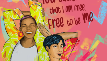 Illustration von zwei Women of Color, die vor einem bunten Hintergrund tanzen. Die Überschrift lautet: "You taught me that I am free. Free to be me. 