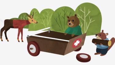Illustration: Die Tiere im Wald bauen gemeinsam einen Krankenwagen