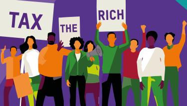 Illustration: Demonstrierende mit Schildern, auf denen "Tax the rich" steht