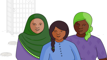 WASH: Zeichnung dreier Frauen und eines Kindes vor einer Latrine
