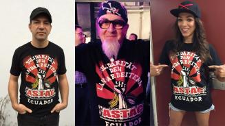 Ole Plogstedt, Stefan Marquard, Yasmin „Yass“ Knoch tragen das Shirt mit der Aufschrift „Solidarität den Landarbeitern – ASTAC – Ecuador“