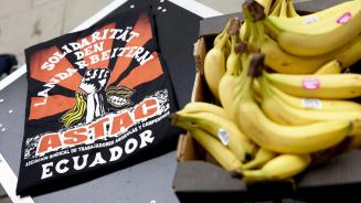 Im Vordergrund liegen Bananen aus Ecuador. Im Hintergrund liegt ein Shirt, das zur Solidarität mit den ecuadorianischen Plantagenarbeiter*innen aufruft.