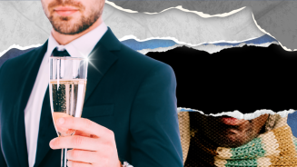 Collage: Person im Jackett mit einem Glas Sekt in der Hand, Person mit Schal und Becher