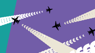 Illustration von Flugzeugen, deren Kondensstreifen aus €-Zeichen bestehen.