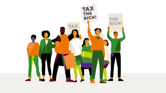 Illustration von Menschen, die Plakate in die Lust halten mit der Aufschrift "Tax the Rich"