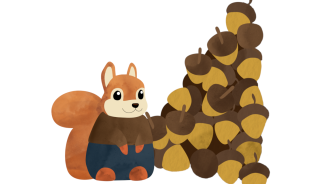 Illustration von einem Eichhörnchen mit einem Berg an Eicheln