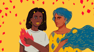 Illustration zeigt zwei Frauen, die eine hält Feuer in der Hand, die andere Wasser.