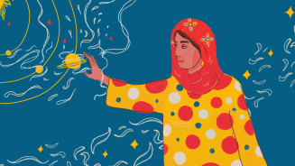 Illustration einer Frau, die einen Planeten aus einem Planetensystem greift.