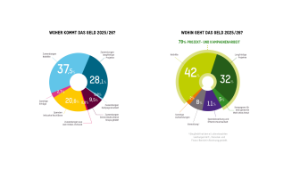 Zwei Diagramme. 79 % unserer Ausgaben gingen im Jahr 2025/26 in unsere Projekt- und Kampagnenarbeit.