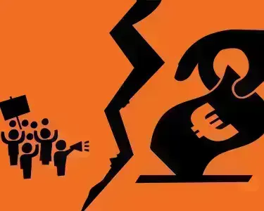 Illustration: Ein Riss tut sich zwischen zwei Seiten auf. Auf einer demonstriert eine Gruppe von Menschen; auf der anderen wirft eine riesige Hand mit Manschettenknopf einen Geldschein in eine Wahlurne.