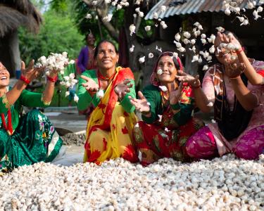 Frauen in Nepal feiern ihren Erfolg Frauen werfen lachend Knoblauchknollen in die Luft