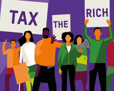 Illustration: Demonstrierende mit Schildern, auf denen "Tax the rich" steht
