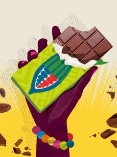 Illustration: Eine Hand hält eine Tafel Schokolade nach oben