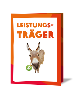 Geschenkkarte mit Aufschrift „Leistungsträger“ und einem Esel