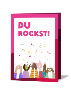 Geschenkkarte mit Aufschrift „Du rockst“ und feiernden Händen