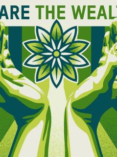 Zwei Hände öffnen ihre Handflächen zueinander, dazwischen ragt das Symbol einer grünen Pflanze heraus. Über der Illustration wird der Aufruf "Wohlstand teilen" aufgeführt.