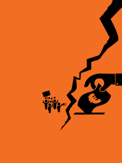 Die Zerreißprobe: Illustration zeigt einen Riss zwischen demonstrierenden Figuren und einer großen Hand, die einen Geldschein in einen Schlitz steckt.