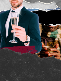 Collage: Person im Jackett mit einem Glas Sekt in der Hand, Person mit Schal und Becher