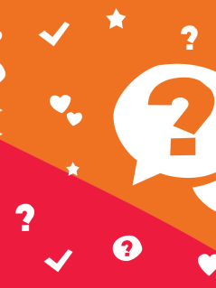 Oxfam Kneipenquiz Icons auf buntem Hintergrund: Herzen, Fragezeichen, Sprechblasen, Sterne, Häkchen
