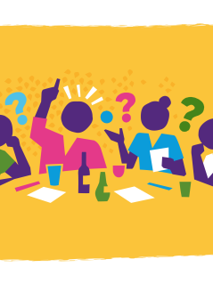 Illustration von vier Personen, die mit Zetteln und Stiften um einen Tisch sitzen. Drumherum Fragezeichen. Eine Person hebt den Finger.