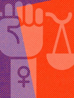 Illustration: feministische Faust, die eine Waage hält