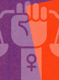 Illustration: feministische Faust, die eine Waage hält