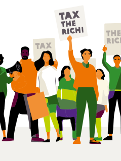 Illustration von Menschen, die Plakate in die Lust halten mit der Aufschrift "Tax the Rich"