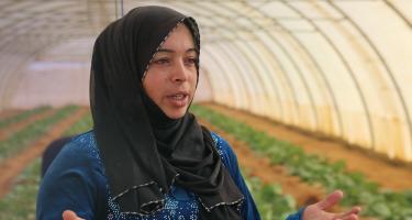 Ghozlan spricht in einem Gewächshaus im Zaatari-Camp in Jordanien