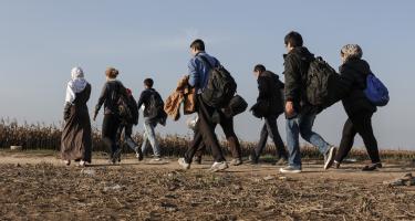Eine Gruppe von Menschen geht auf einem Weg zwischen Feldern