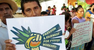 Ein Demonstrant hält ein Plakat in die Kamera: „Freedom and fairness for Fyffes workers!“