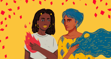 Illustration zeigt zwei Frauen, die eine hält Feuer in der Hand, die andere Wasser.