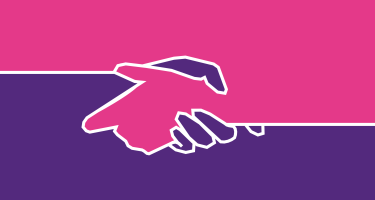 Illustration: zwei Farbflächen, aus denen zwei Hände ragen, die in einer Geste der Solidarität miteinander verschränkt sind.