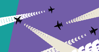 Illustration von Flugzeugen, deren Kondensstreifen aus €-Zeichen bestehen.