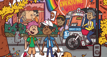 Bunte Grafik: Ein Paar geht über einen Zebrastreifen, im Hintergrund sitzen zwei Personen in einem Cafe und halten sich bei den Händen, zwei weitere schauen lächelnd aus einem vorbeifahrenden Tuktuk. Es ist eine Regenbogenfahne zu sehen, ein Peace-Zeichen und ein Plakat mit der Aufschrift "Everyone is welcome".