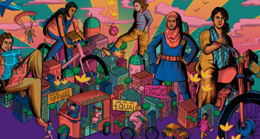 We are all EQUAL Bunte Illustration: 5 unterschiedliche Frauen positionieren sich in einem Stadtbild, das wie eine Spielstadt aussieht, weil die Personen übergroß gestaltet wurden. Titel: We are all EQUAL.