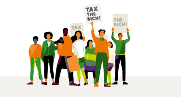 Illustration von Menschen, die Plakate in die Lust halten mit der Aufschrift "Tax the Rich"