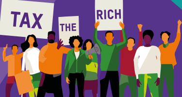 Illustration: Demonstrierende mit Schildern, auf denen "Tax the rich" steht