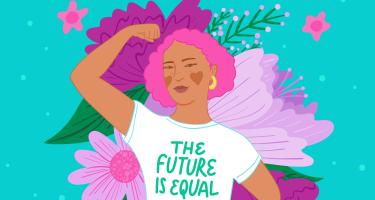 Bunte Grafik, auf der eine Frau mit pinken Haaren die Faust in die Luft streckt. Auf ihrem weißen T-Shirt steht "The future is equal".